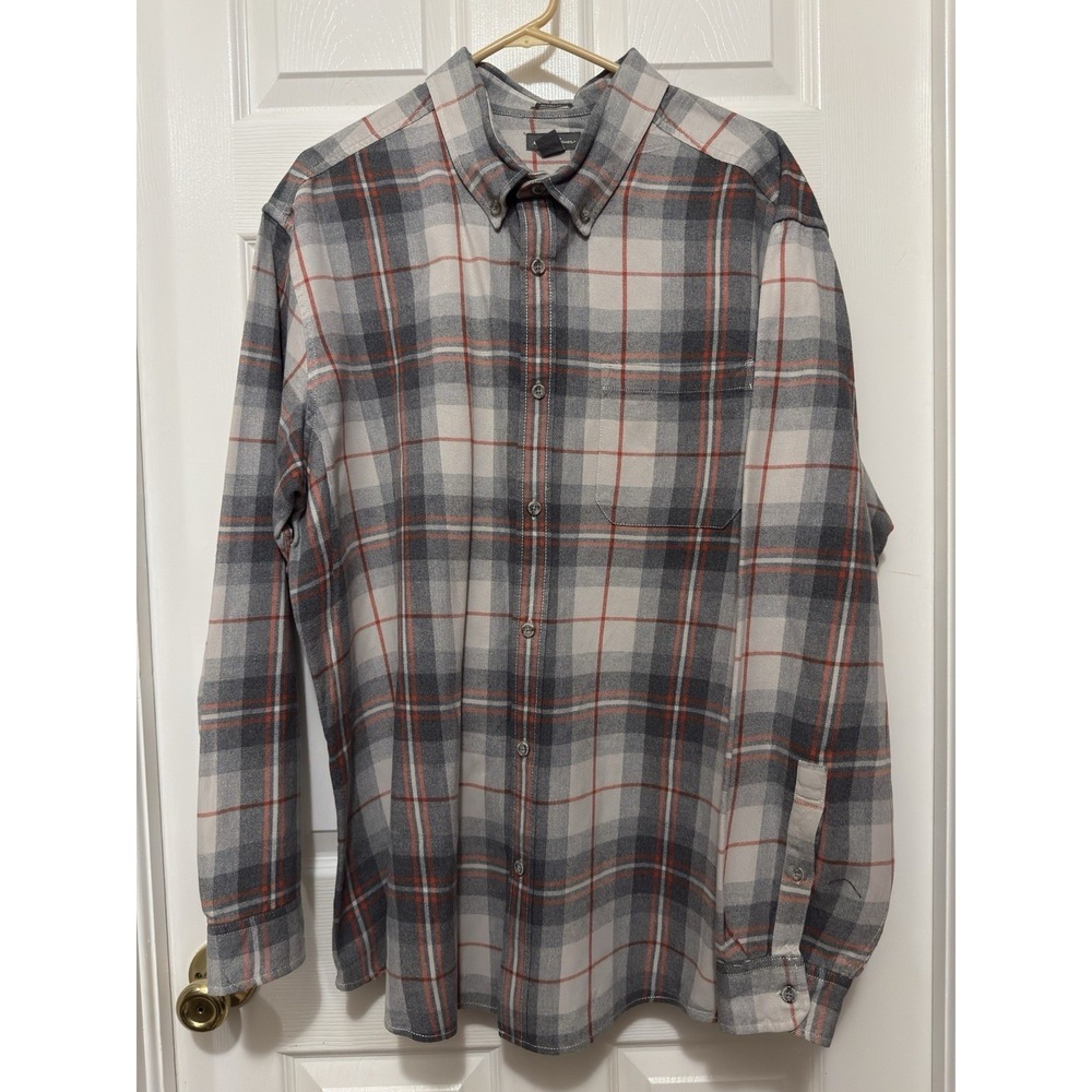 Eddie Bauer Relaxed Fit Gray Plaid Flannel Shirt XXL 2XL Long Sleeve 100% Cotton